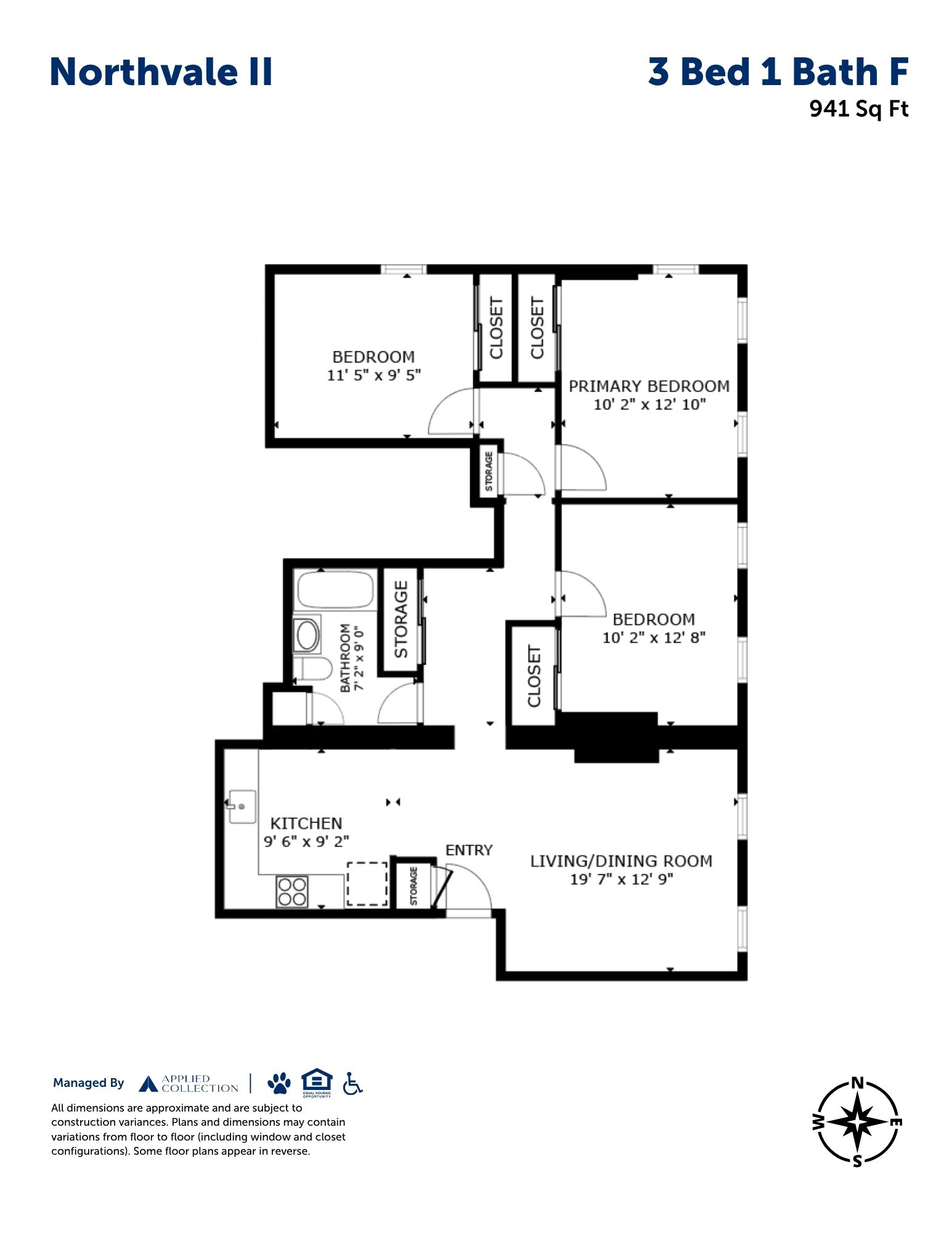 Floor plan for 3 beds, 1 bath, 941 sqft